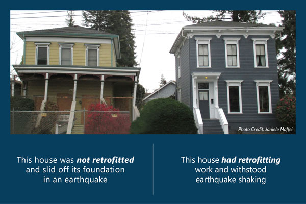 Image: two side by side houses, shown after the magnitude 6.0 2014 American Canyon (South Napa) earthquake, illustrate the benefit of a seismic retrofit—as one had been strengthened and one had not.