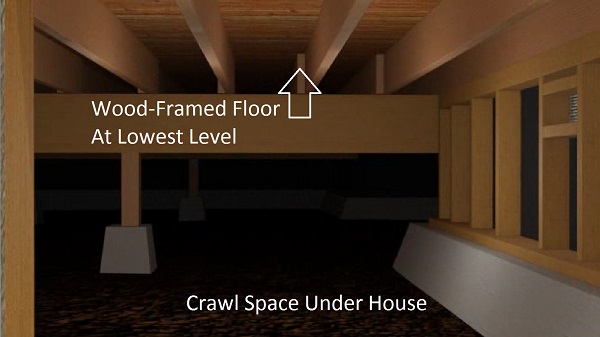Image: Crawl space. It is a wood-framed floor at the lowest level, with a crawl space below it